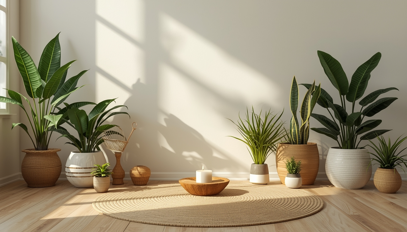 Peaceful ritual space with plants and soft lighting